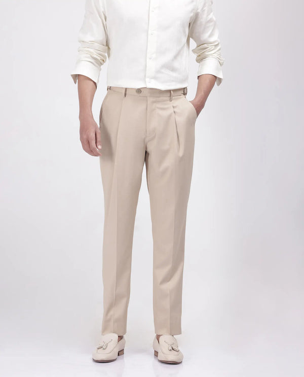 Rare Rabbit Men's Naji Beige Cotton Blend Fabric Relaxed Fit Plain Trouser