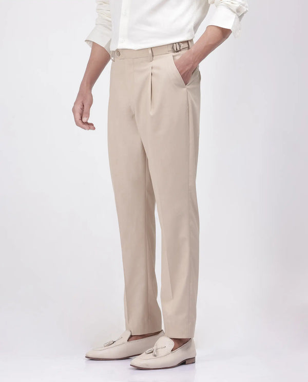 Rare Rabbit Men's Naji Beige Cotton Blend Fabric Relaxed Fit Plain Trouser