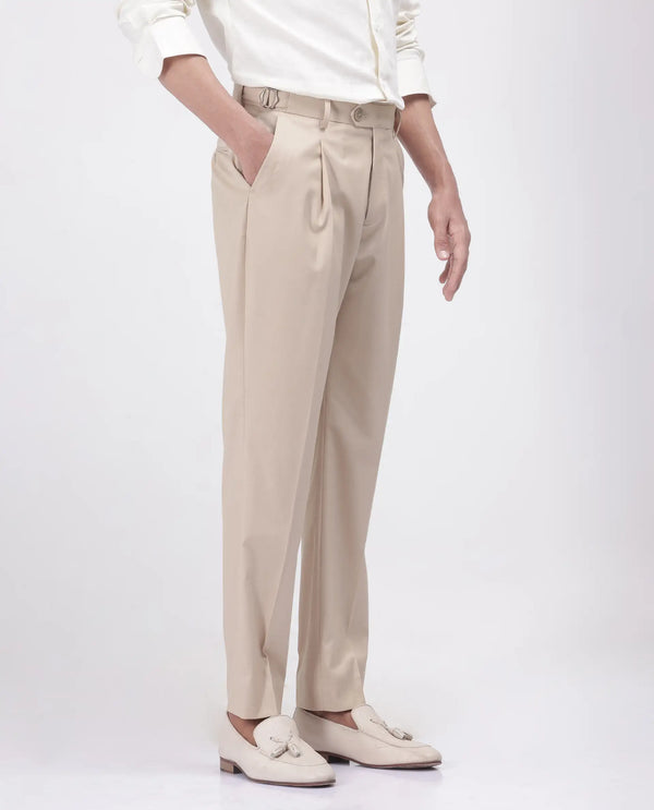 Rare Rabbit Men's Naji Beige Cotton Blend Fabric Relaxed Fit Plain Trouser