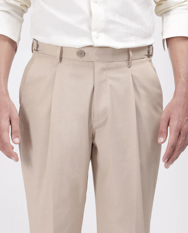 Rare Rabbit Men's Naji Beige Cotton Blend Fabric Relaxed Fit Plain Trouser