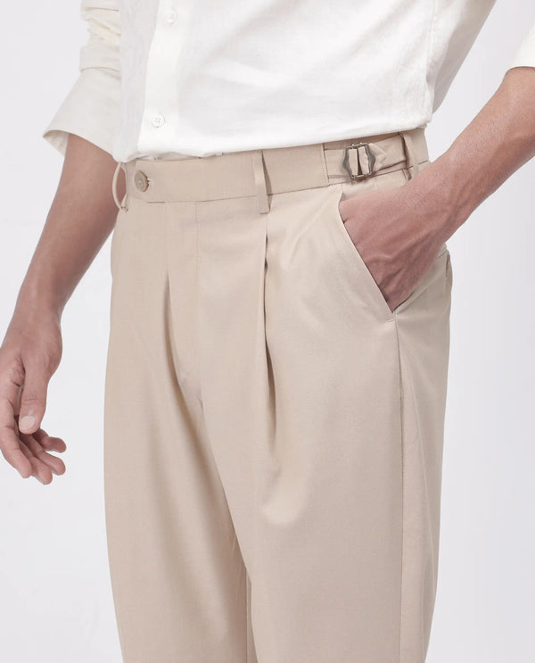 Rare Rabbit Men's Naji Beige Cotton Blend Fabric Relaxed Fit Plain Trouser