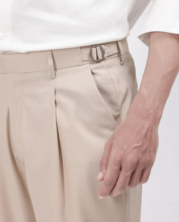 Rare Rabbit Men's Naji Beige Cotton Blend Fabric Relaxed Fit Plain Trouser
