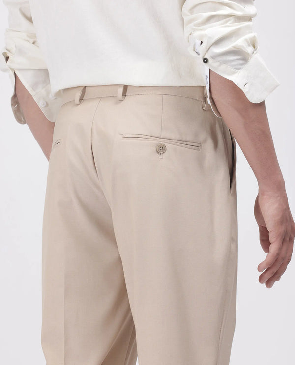 Rare Rabbit Men's Naji Beige Cotton Blend Fabric Relaxed Fit Plain Trouser