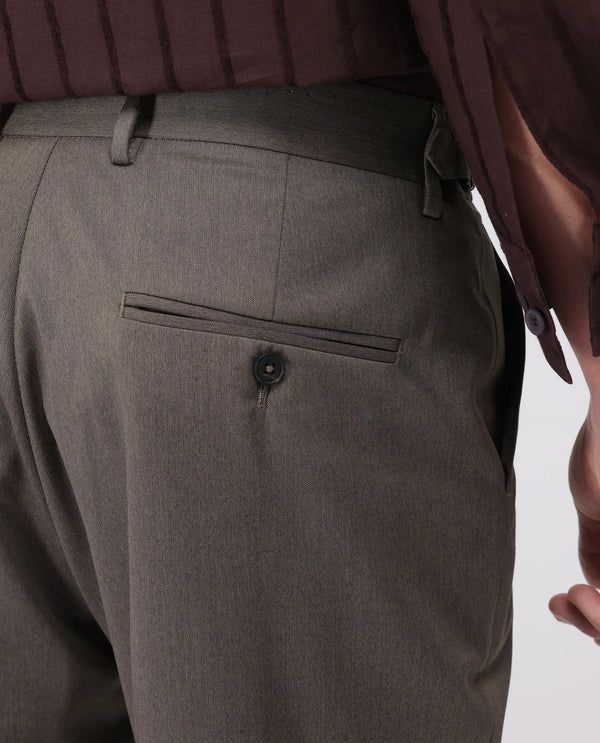 Rare Rabbit Men's Naji Dark Brown Cotton Blend Fabric Relaxed Fit Plain Trouser