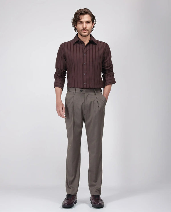 Rare Rabbit Men's Naji Dark Brown Cotton Blend Fabric Relaxed Fit Plain Trouser