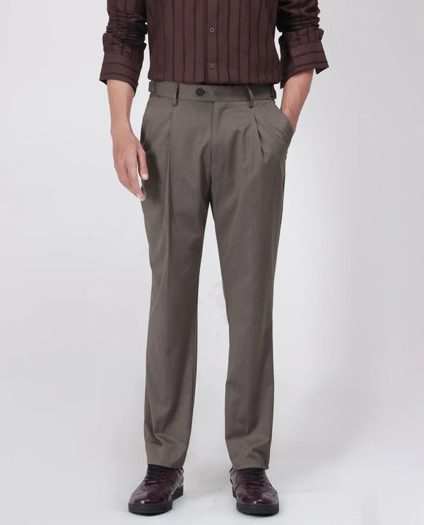 Rare Rabbit Men's Naji Dark Brown Cotton Blend Fabric Relaxed Fit Plain Trouser