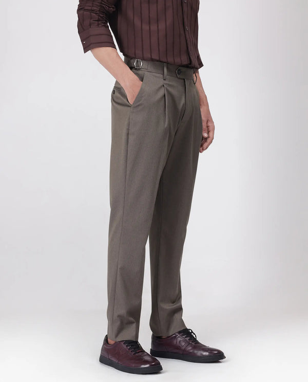 Rare Rabbit Men's Naji Dark Brown Cotton Blend Fabric Relaxed Fit Plain Trouser