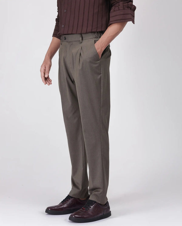 Rare Rabbit Men's Naji Dark Brown Cotton Blend Fabric Relaxed Fit Plain Trouser