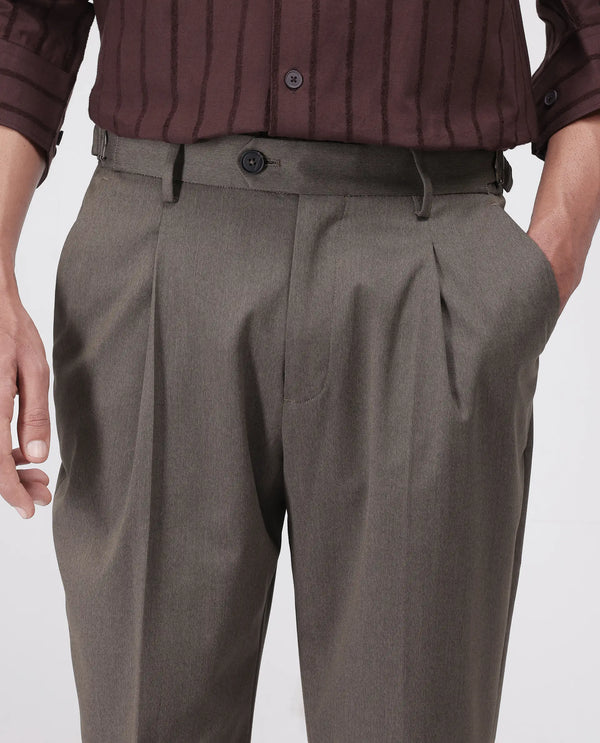 Rare Rabbit Men's Naji Dark Brown Cotton Blend Fabric Relaxed Fit Plain Trouser