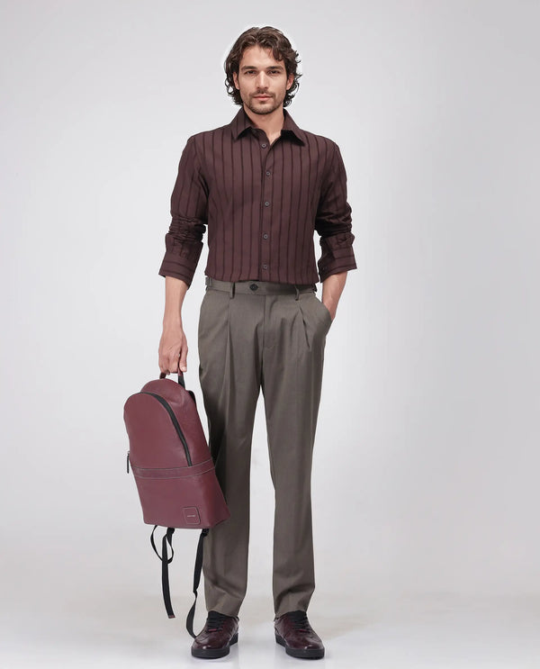 Rare Rabbit Men's Naji Dark Brown Cotton Blend Fabric Relaxed Fit Plain Trouser