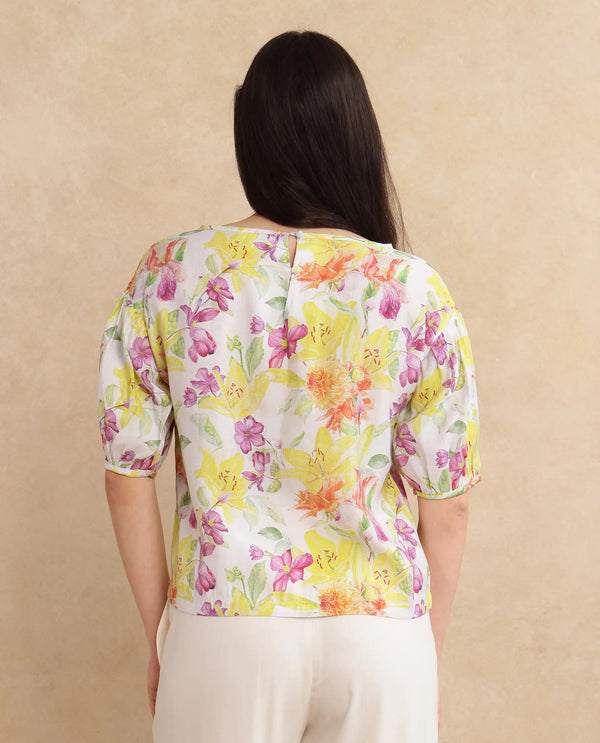 Rareism Women Naldu Multi Bishop Sleeve Crew Neck Floral Print Top