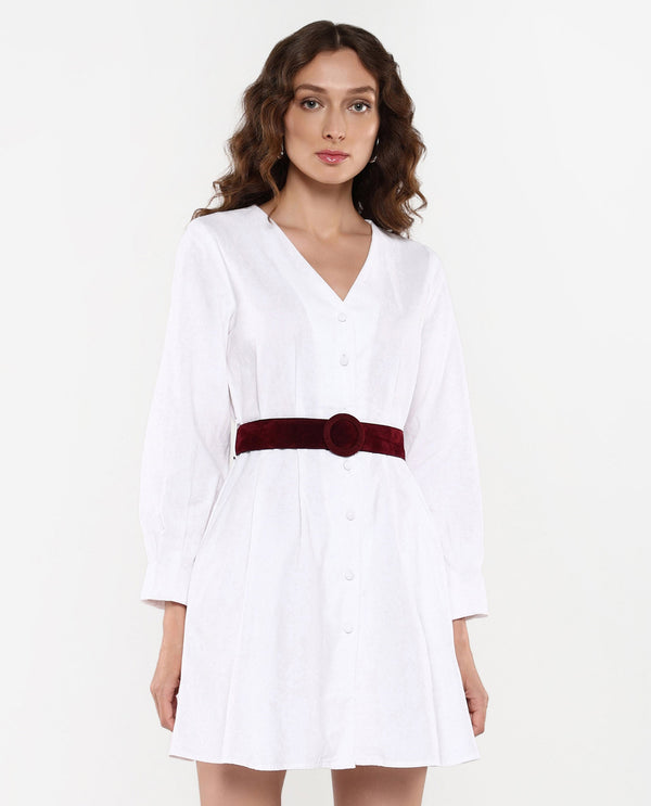 Rareism Women's Nami White Cuffed Sleeves V-Neck Plain Dress