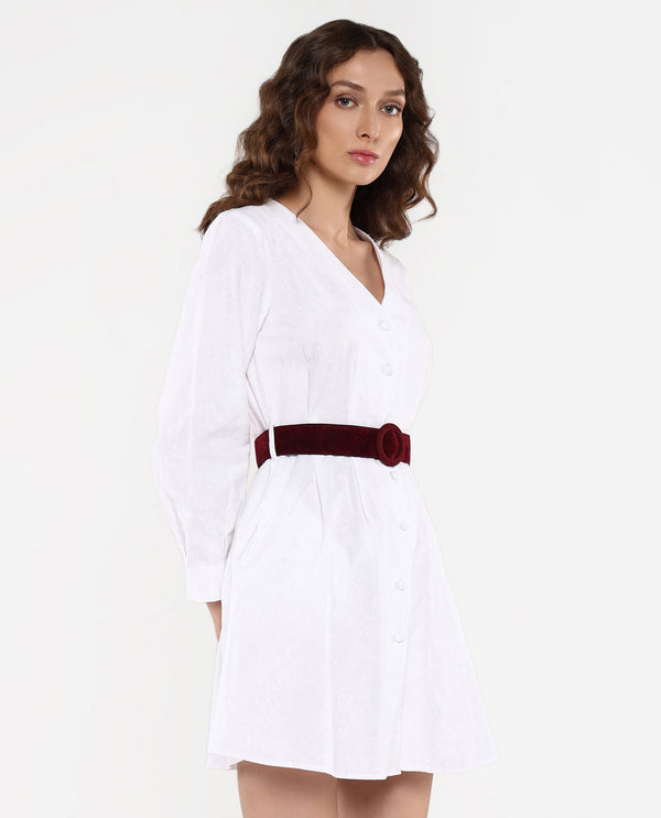 Rareism Women's Nami White Cuffed Sleeves V-Neck Plain Dress