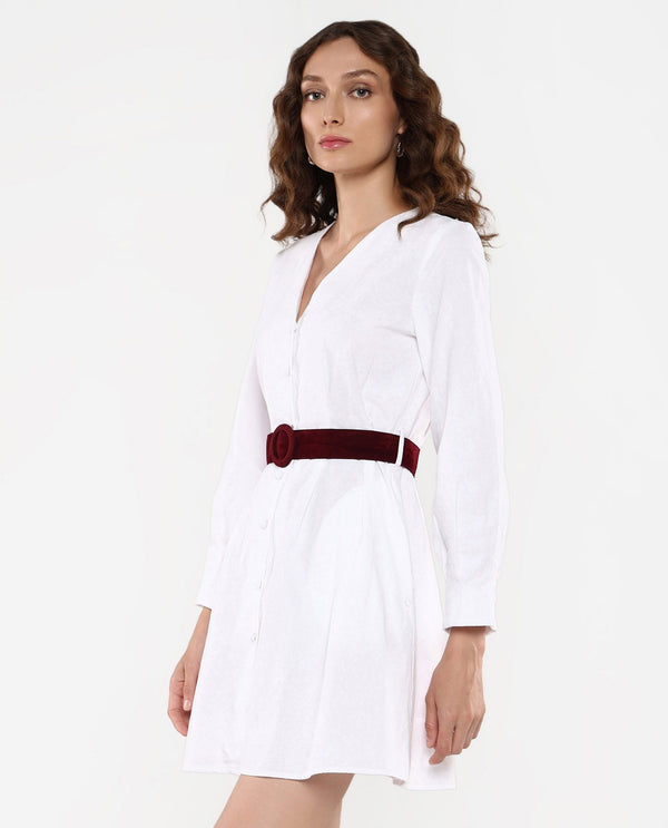 Rareism Women's Nami White Cuffed Sleeves V-Neck Plain Dress