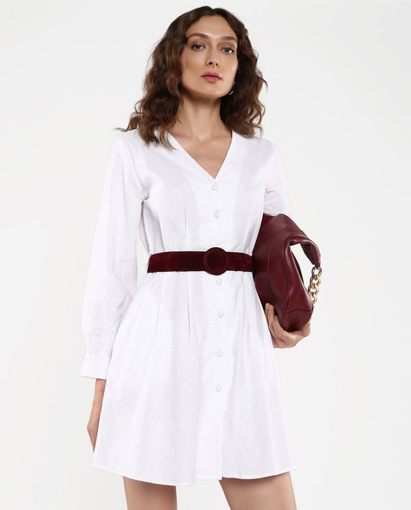 Rareism Women's Nami White Cuffed Sleeves V-Neck Plain Dress