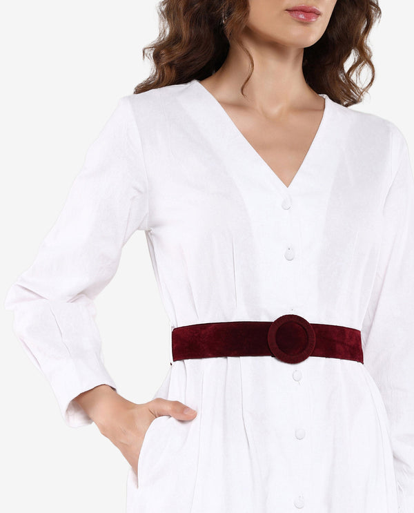 Rareism Women's Nami White Cuffed Sleeves V-Neck Plain Dress