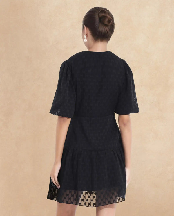 Rareism Women's Namika Black  V-Neck Tie-Up Closure Balloon Sleeve Plain Fit And Flare Mini Dress