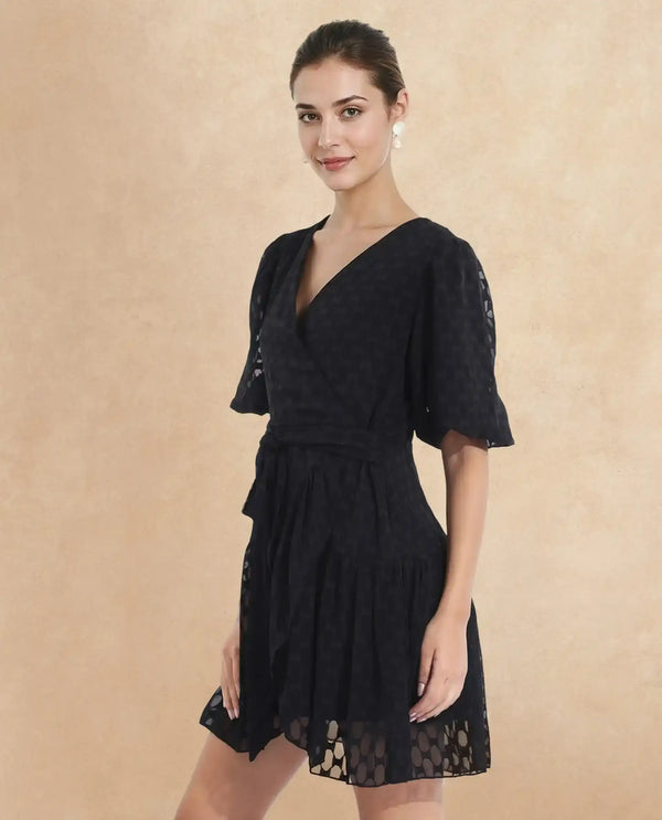 Rareism Women's Namika Black  V-Neck Tie-Up Closure Balloon Sleeve Plain Fit And Flare Mini Dress