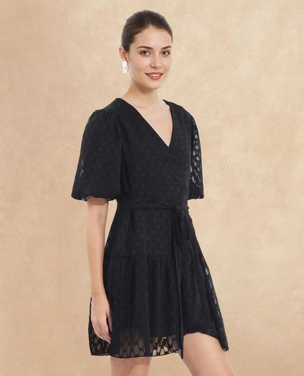 Rareism Women's Namika Black  V-Neck Tie-Up Closure Balloon Sleeve Plain Fit And Flare Mini Dress