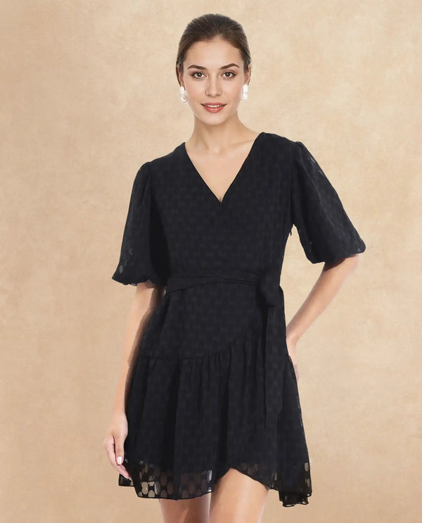Rareism Women's Namika Black  V-Neck Tie-Up Closure Balloon Sleeve Plain Fit And Flare Mini Dress
