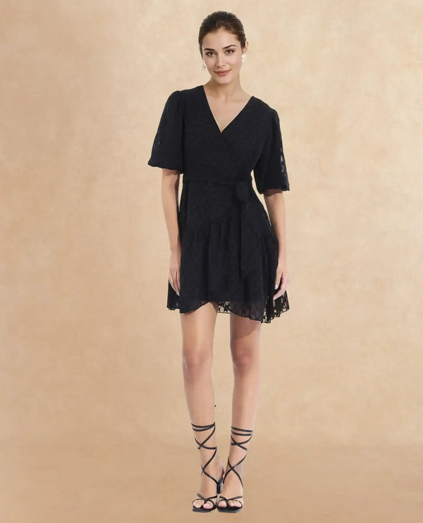 Rareism Women's Namika Black  V-Neck Tie-Up Closure Balloon Sleeve Plain Fit And Flare Mini Dress