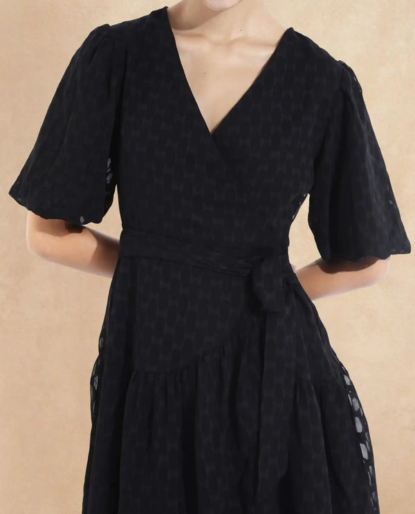 Rareism Women's Namika Black  V-Neck Tie-Up Closure Balloon Sleeve Plain Fit And Flare Mini Dress
