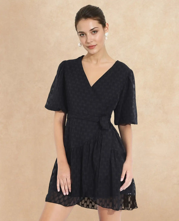 Rareism Women's Namika Black  V-Neck Tie-Up Closure Balloon Sleeve Plain Fit And Flare Mini Dress