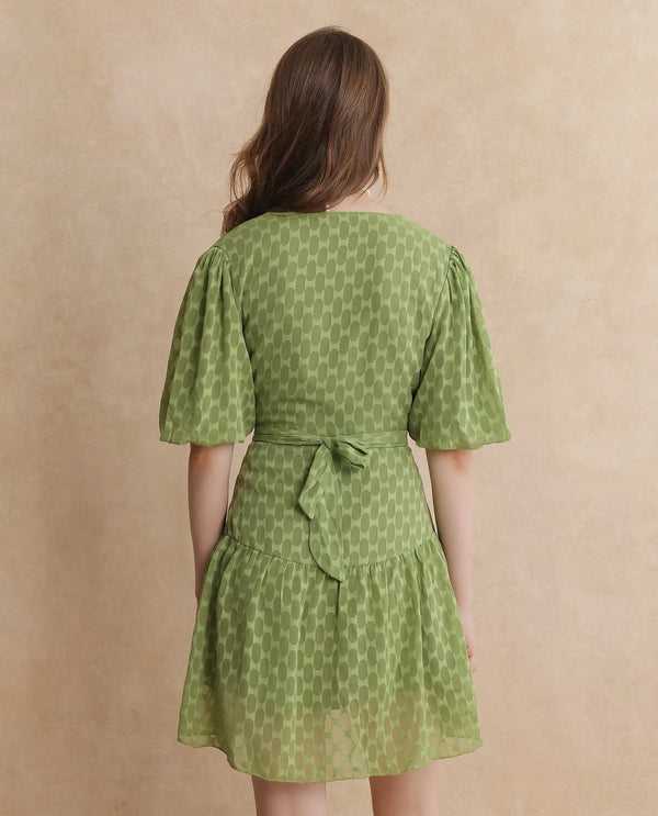 Rareism Women's Namika Light Green  V-Neck Tie-Up Closure Balloon Sleeve Plain Fit And Flare Mini Dress
