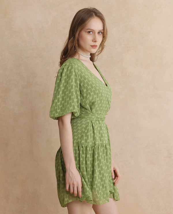 Rareism Women's Namika Light Green  V-Neck Tie-Up Closure Balloon Sleeve Plain Fit And Flare Mini Dress