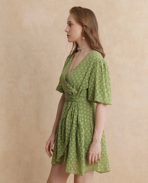 Rareism Women's Namika Light Green  V-Neck Tie-Up Closure Balloon Sleeve Plain Fit And Flare Mini Dress