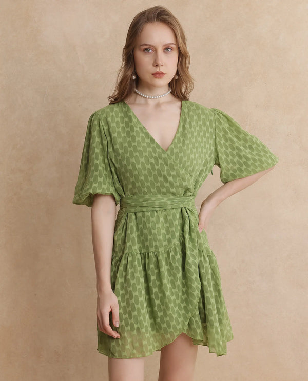 Rareism Women's Namika Light Green  V-Neck Tie-Up Closure Balloon Sleeve Plain Fit And Flare Mini Dress