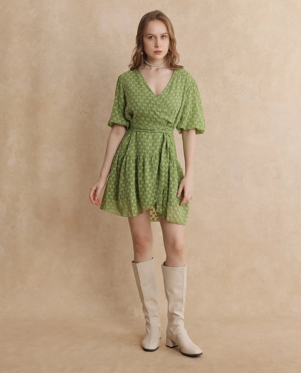 Rareism Women's Namika Light Green  V-Neck Tie-Up Closure Balloon Sleeve Plain Fit And Flare Mini Dress