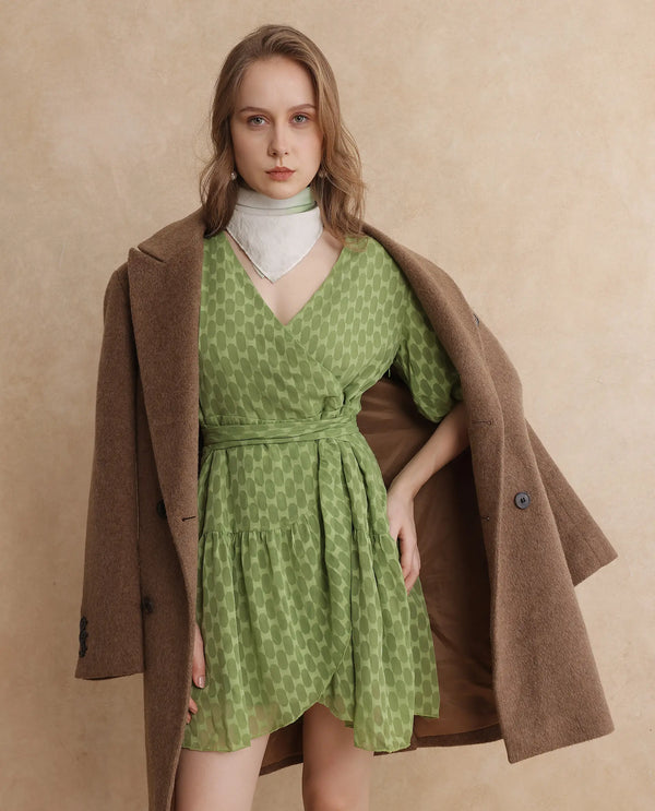 Rareism Women's Namika Light Green  V-Neck Tie-Up Closure Balloon Sleeve Plain Fit And Flare Mini Dress