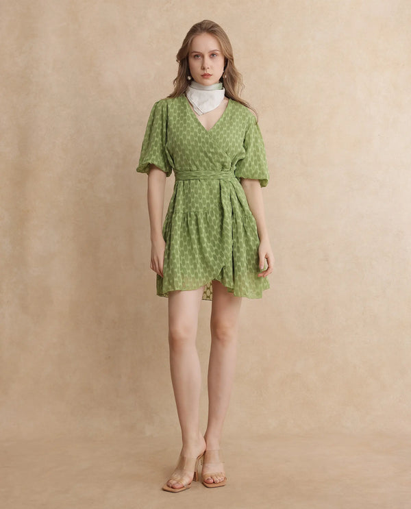 Rareism Women's Namika Light Green  V-Neck Tie-Up Closure Balloon Sleeve Plain Fit And Flare Mini Dress