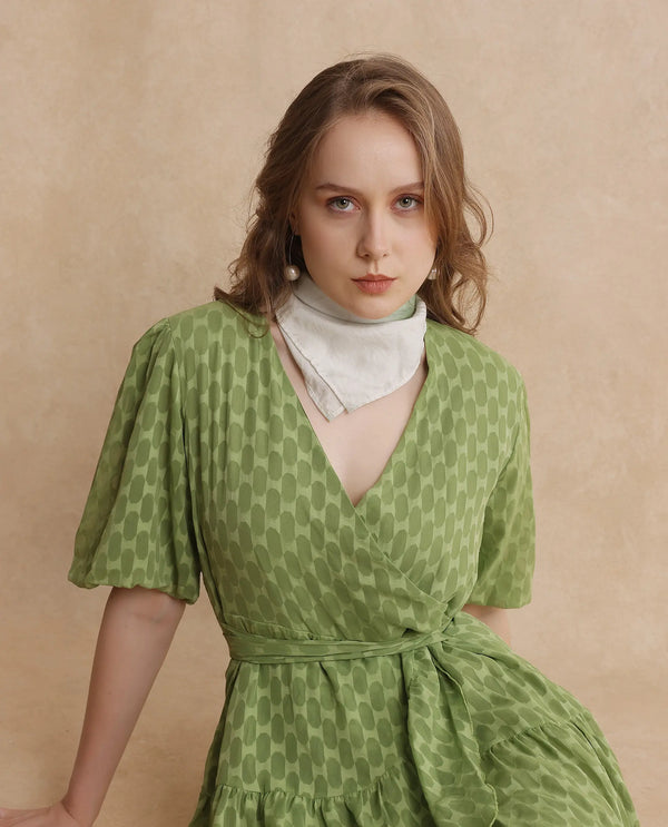 Rareism Women's Namika Light Green  V-Neck Tie-Up Closure Balloon Sleeve Plain Fit And Flare Mini Dress