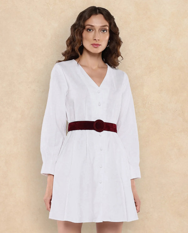 Rareism Women's Nami White  V-Neck Button Closure Full Sleeve Plain A-Line Mini Dress