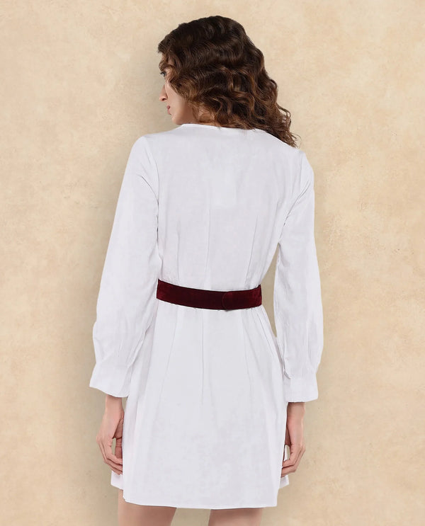 Rareism Women's Nami White  V-Neck Button Closure Full Sleeve Plain A-Line Mini Dress