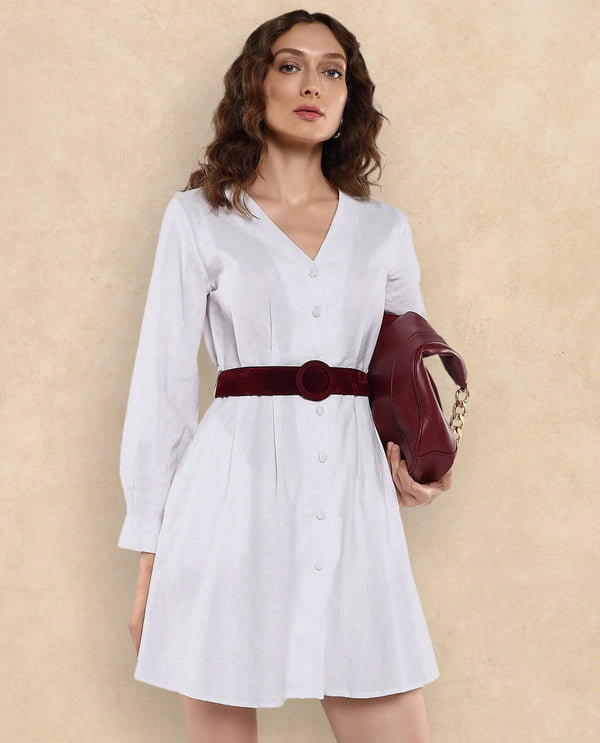 Rareism Women's Nami White  V-Neck Button Closure Full Sleeve Plain A-Line Mini Dress