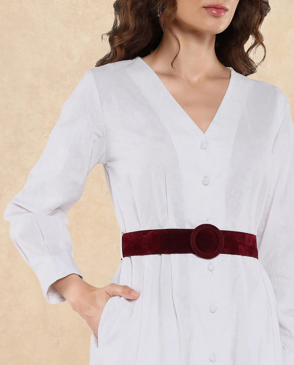 Rareism Women's Nami White  V-Neck Button Closure Full Sleeve Plain A-Line Mini Dress