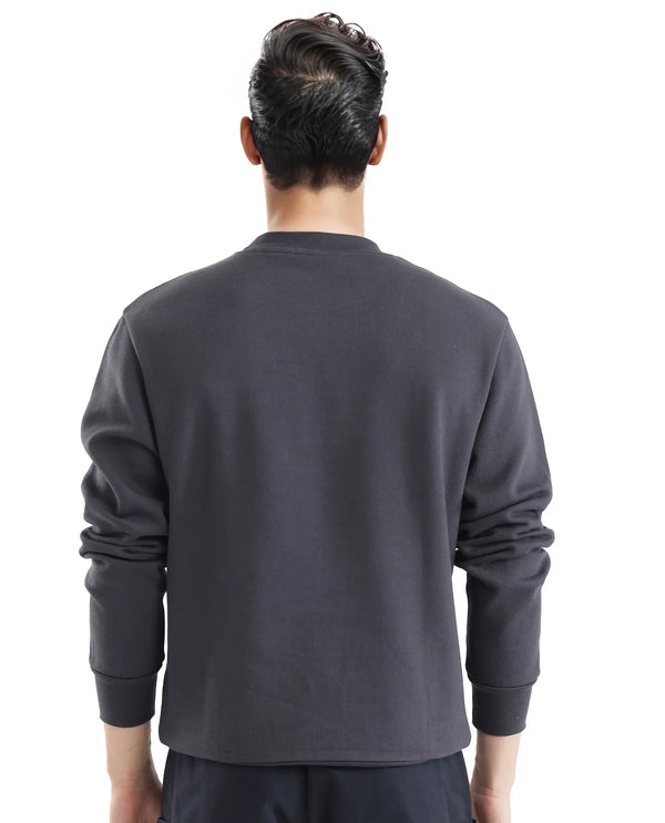 Rare Rabbit Men Nantes Dark Grey Cotton Blend Fabric Full Sleeve Crew Neck Oversized Fit Flock and HD Animal Print Sweatshirt