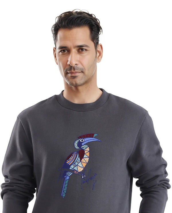 Rare Rabbit Men Nantes Dark Grey Cotton Blend Fabric Full Sleeve Crew Neck Oversized Fit Flock and HD Animal Print Sweatshirt