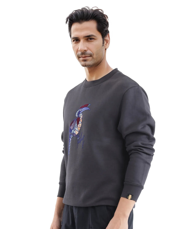 Rare Rabbit Men Nantes Dark Grey Cotton Blend Fabric Full Sleeve Crew Neck Oversized Fit Flock and HD Animal Print Sweatshirt