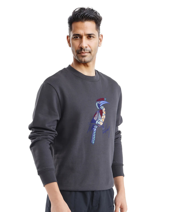 Rare Rabbit Men Nantes Dark Grey Cotton Blend Fabric Full Sleeve Crew Neck Oversized Fit Flock and HD Animal Print Sweatshirt