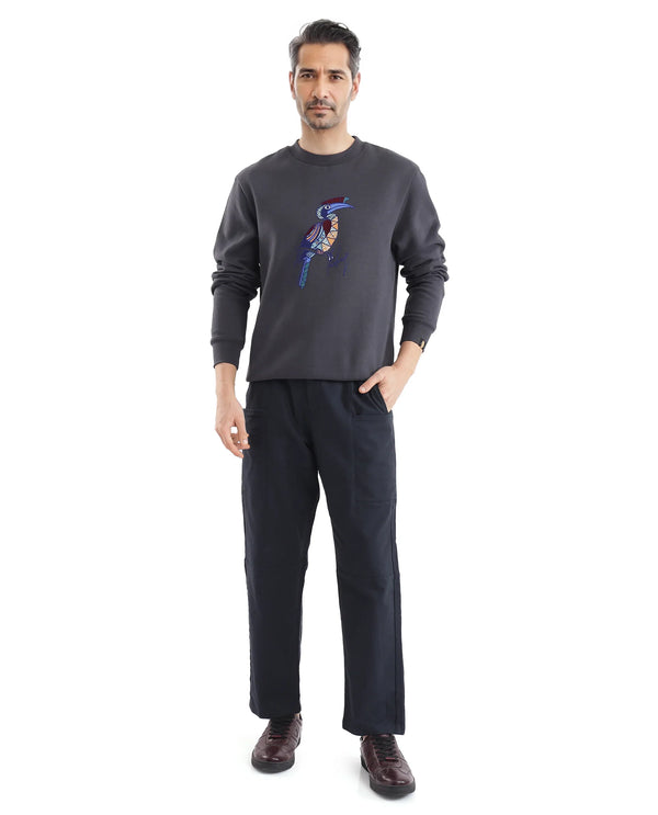 Rare Rabbit Men Nantes Dark Grey Cotton Blend Fabric Full Sleeve Crew Neck Oversized Fit Flock and HD Animal Print Sweatshirt