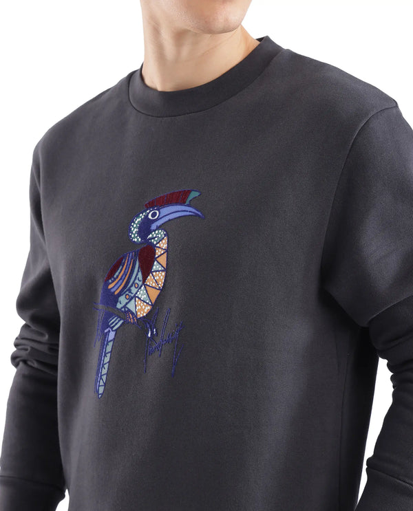 Rare Rabbit Men Nantes Dark Grey Cotton Blend Fabric Full Sleeve Crew Neck Oversized Fit Flock and HD Animal Print Sweatshirt