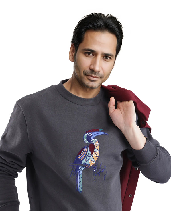 Rare Rabbit Men Nantes Dark Grey Cotton Blend Fabric Full Sleeve Crew Neck Oversized Fit Flock and HD Animal Print Sweatshirt