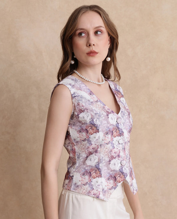 Rareism Women Nantes Light Multi Sleeveless V-Neck Fitted Floral Print Top