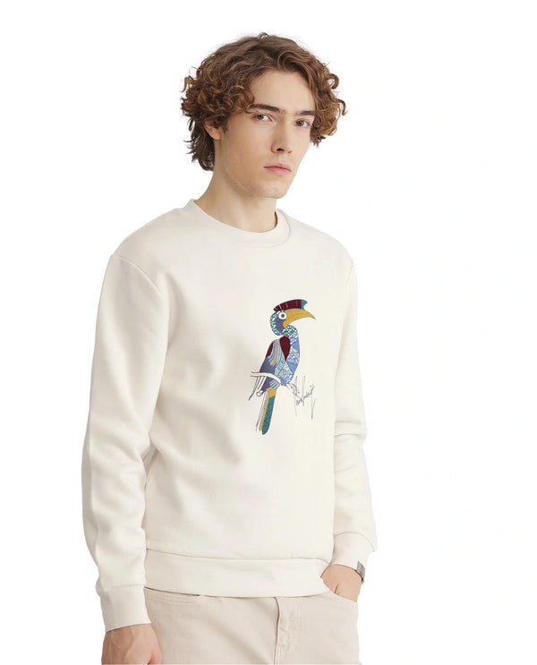 Rare Rabbit Men Nantes Off White Cotton Blend Fabric Full Sleeve Crew Neck Oversized Fit Flock and HD Animal Print Sweatshirt