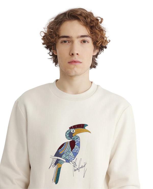 Rare Rabbit Men Nantes Off White Cotton Blend Fabric Full Sleeve Crew Neck Oversized Fit Flock and HD Animal Print Sweatshirt