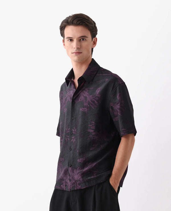 Rare Rabbit Men Nao Black Viscose Fabric Half Sleeve Collared Neck Button Closure Boxy Fit Abstract Print Shirt